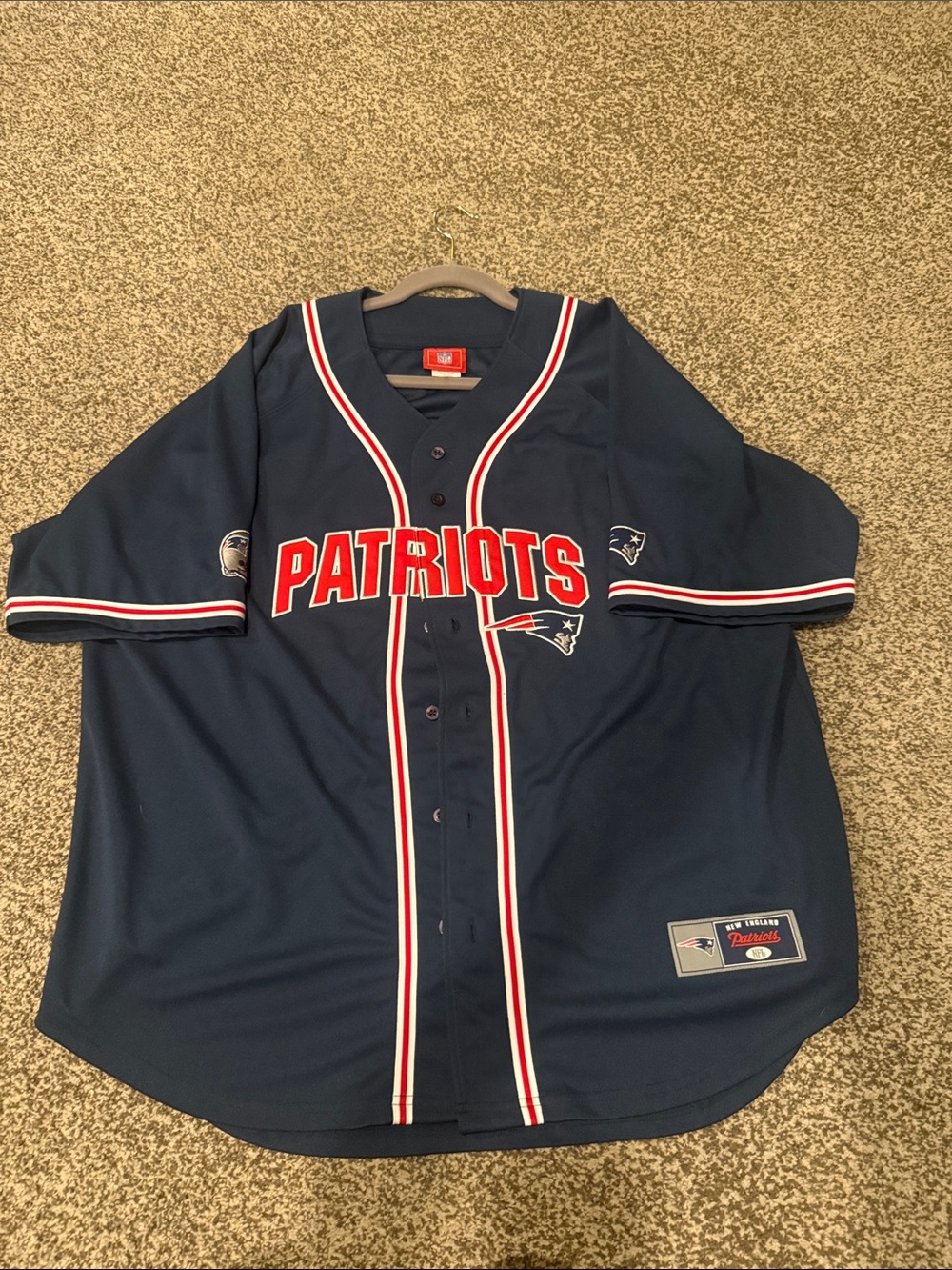 NFL New England Patriots Navy Blue Button-Front Jersey with Red & White Trim